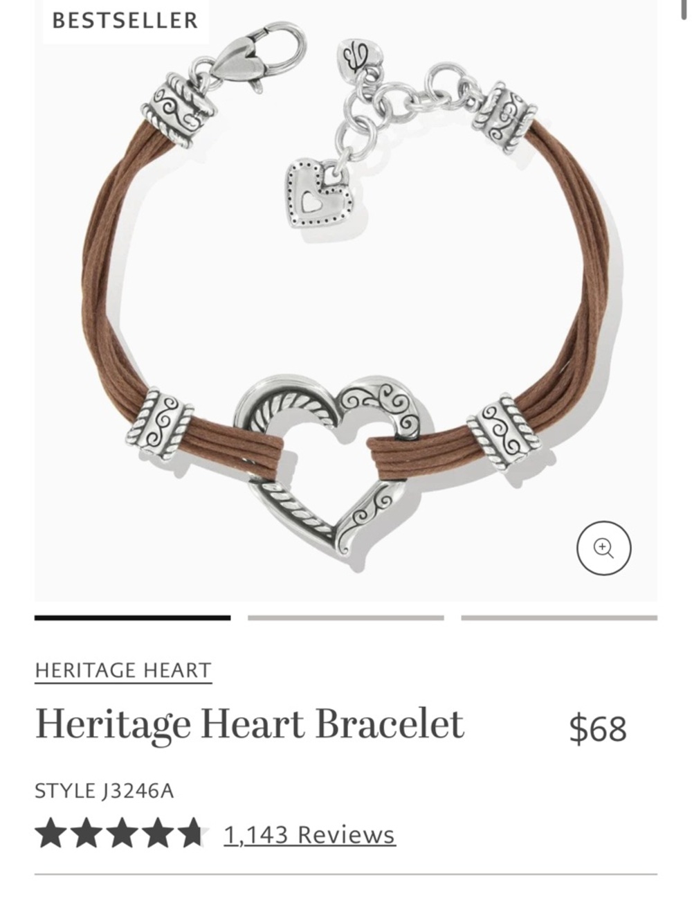 Brighton Brown Cord Heart Bracelet with Silver Accents